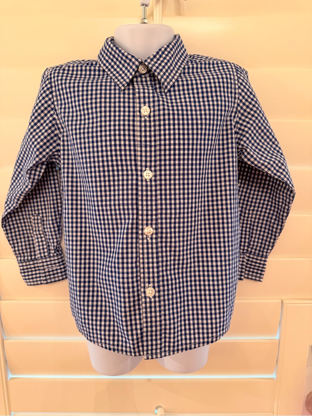 Boys Size 4 T Navy & White Gingham Button-Down Shirt